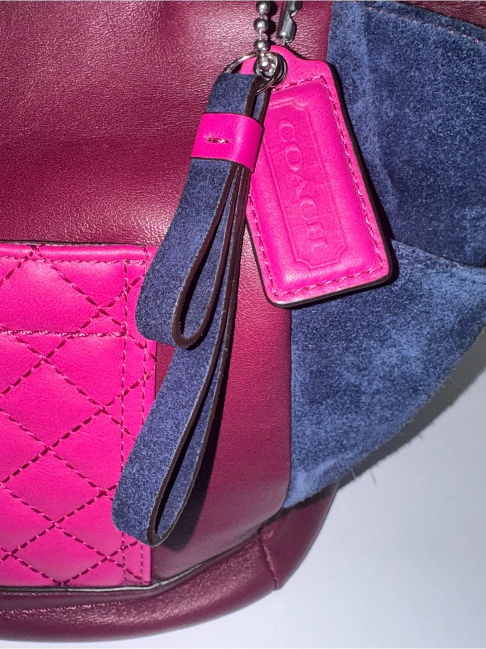 EUC Coach Pink Burgundy & Navy Quilted Leather & Suede Shoulder Bag Pretty Piece